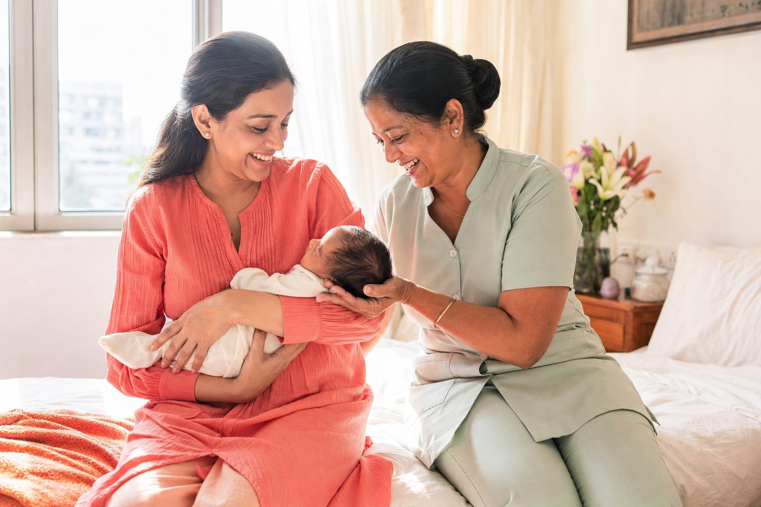 A japa caregiver supporting a new mother