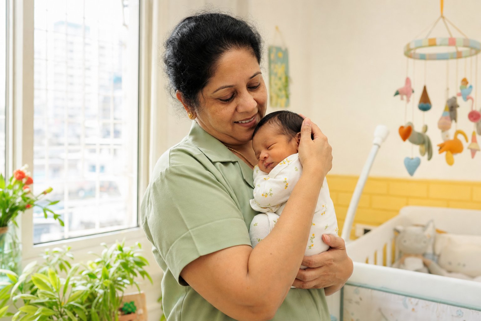 A registered nurse with a newborn