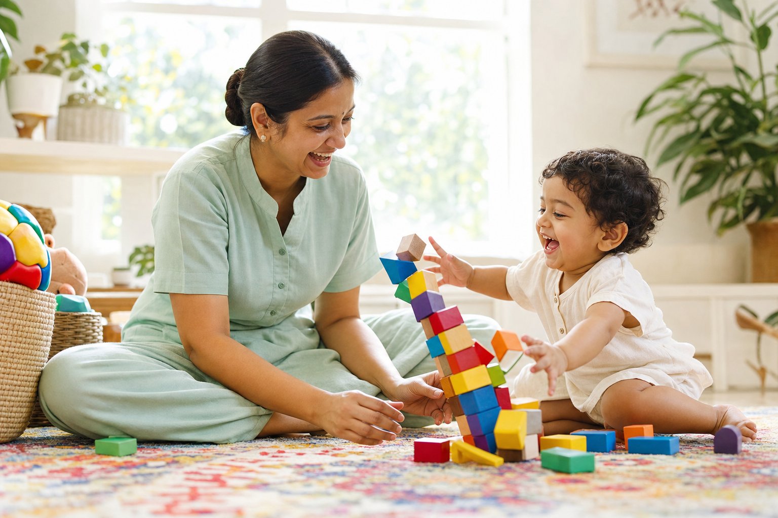 A nanny playing with a toddler